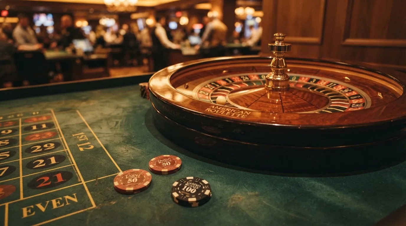 Roda de roleta e fichas sobre feltro verde, sob uma luz quente de fim de tarde — 1 euro casino em portugal