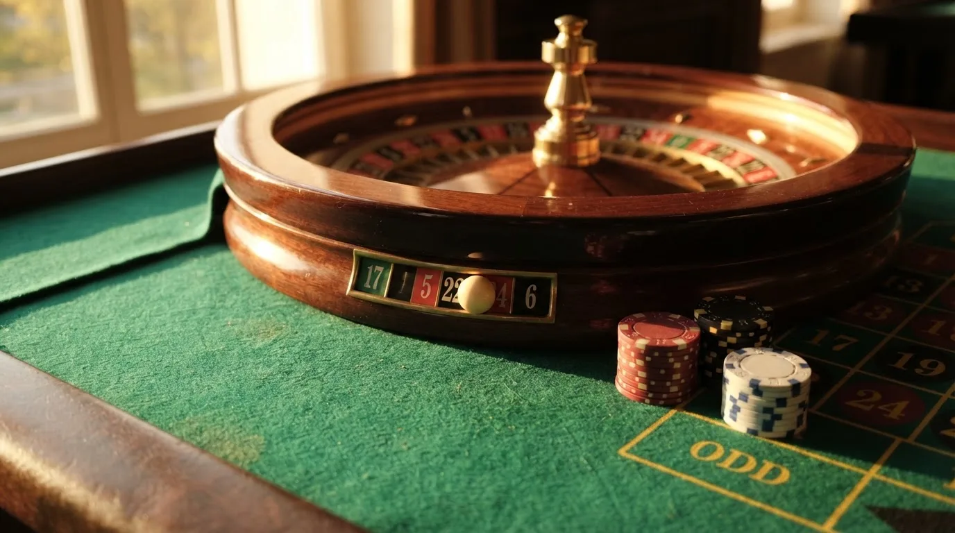 Roda de roleta e fichas sobre feltro verde, sob uma luz quente de fim de tarde — 10 euro casino em portugal