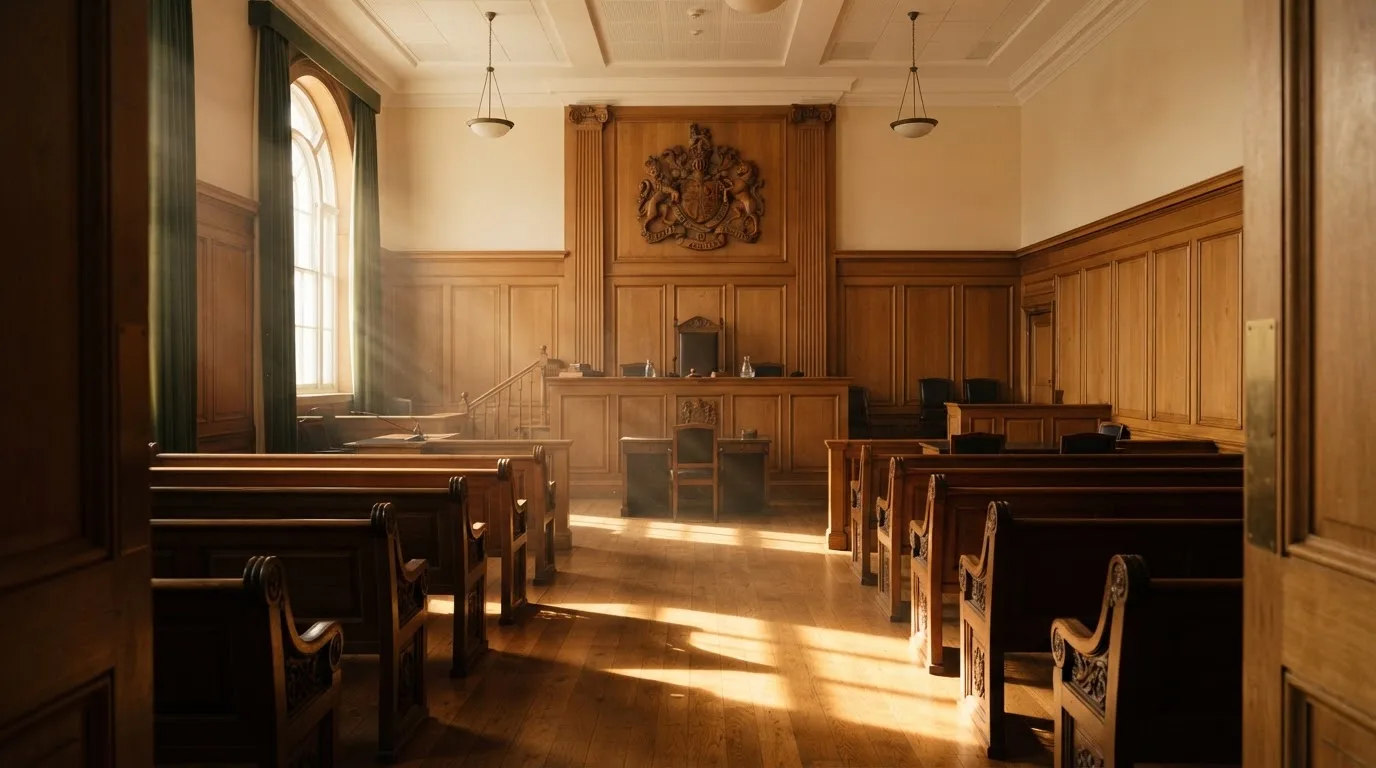 Sala de tribunal vazia com painéis de madeira, à luz da manhã — 20 euro casino em portugal
