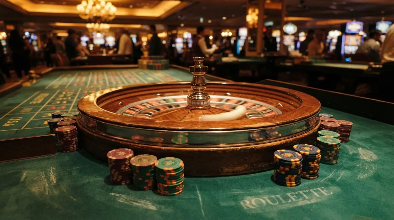 Roda de roleta e fichas sobre feltro verde, sob uma luz quente de fim de tarde — 20 euro casino em portugal