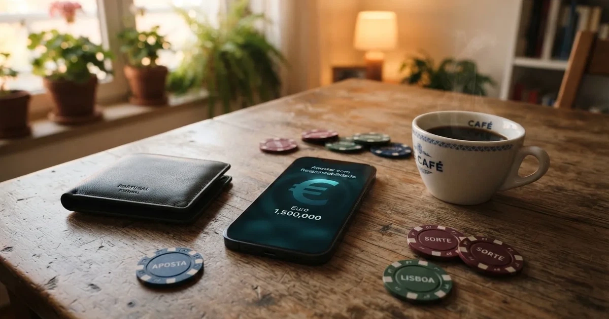 Telemóvel numa mesa de madeira ao lado de uma carteira e de uma chávena de café — 20 euro casino em portugal
