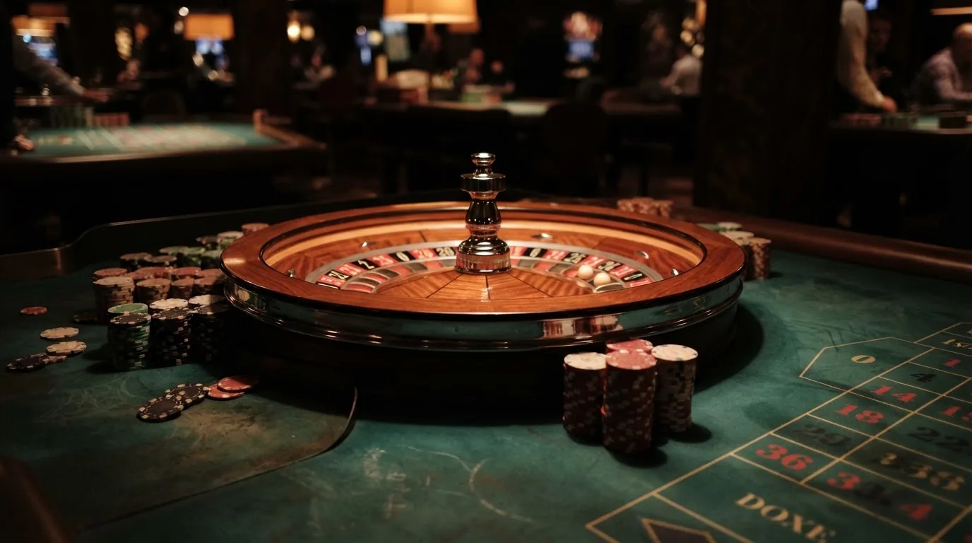 Roda de roleta e fichas sobre feltro verde, sob uma luz quente de fim de tarde — 5 euro casino em portugal