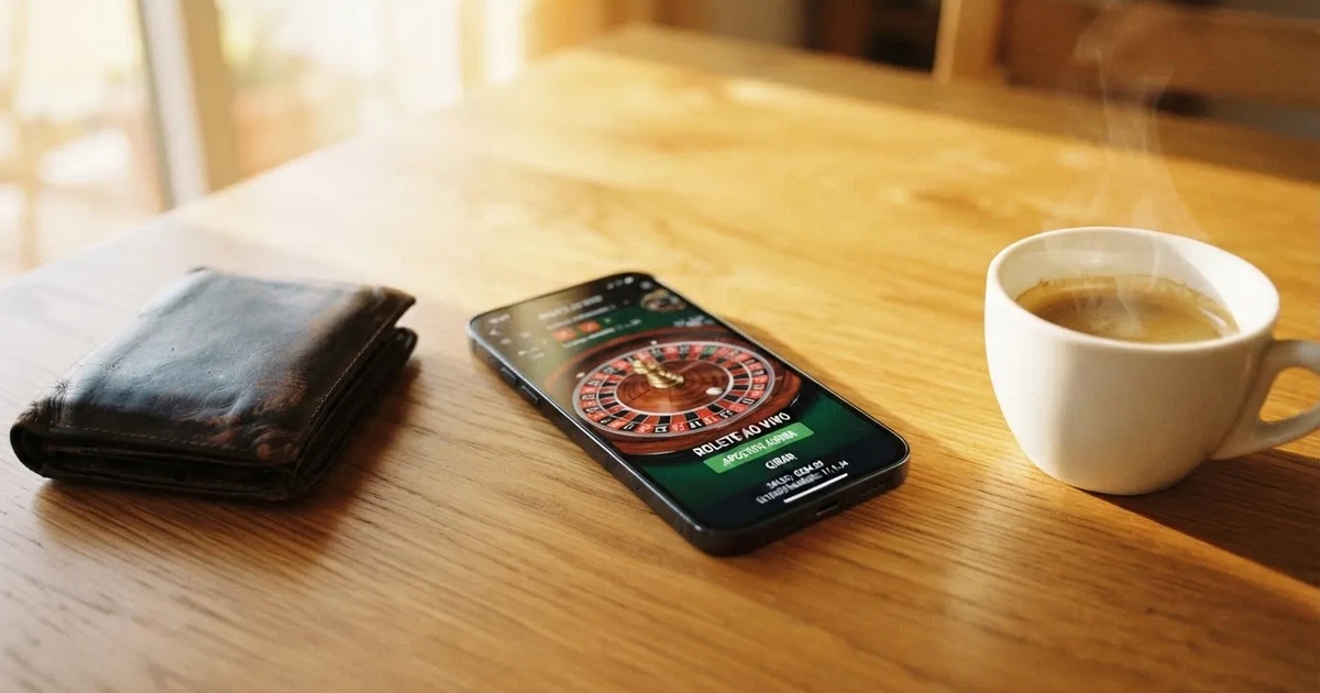 Telemóvel numa mesa de madeira ao lado de uma carteira e de uma chávena de café — 5 euro casino em portugal