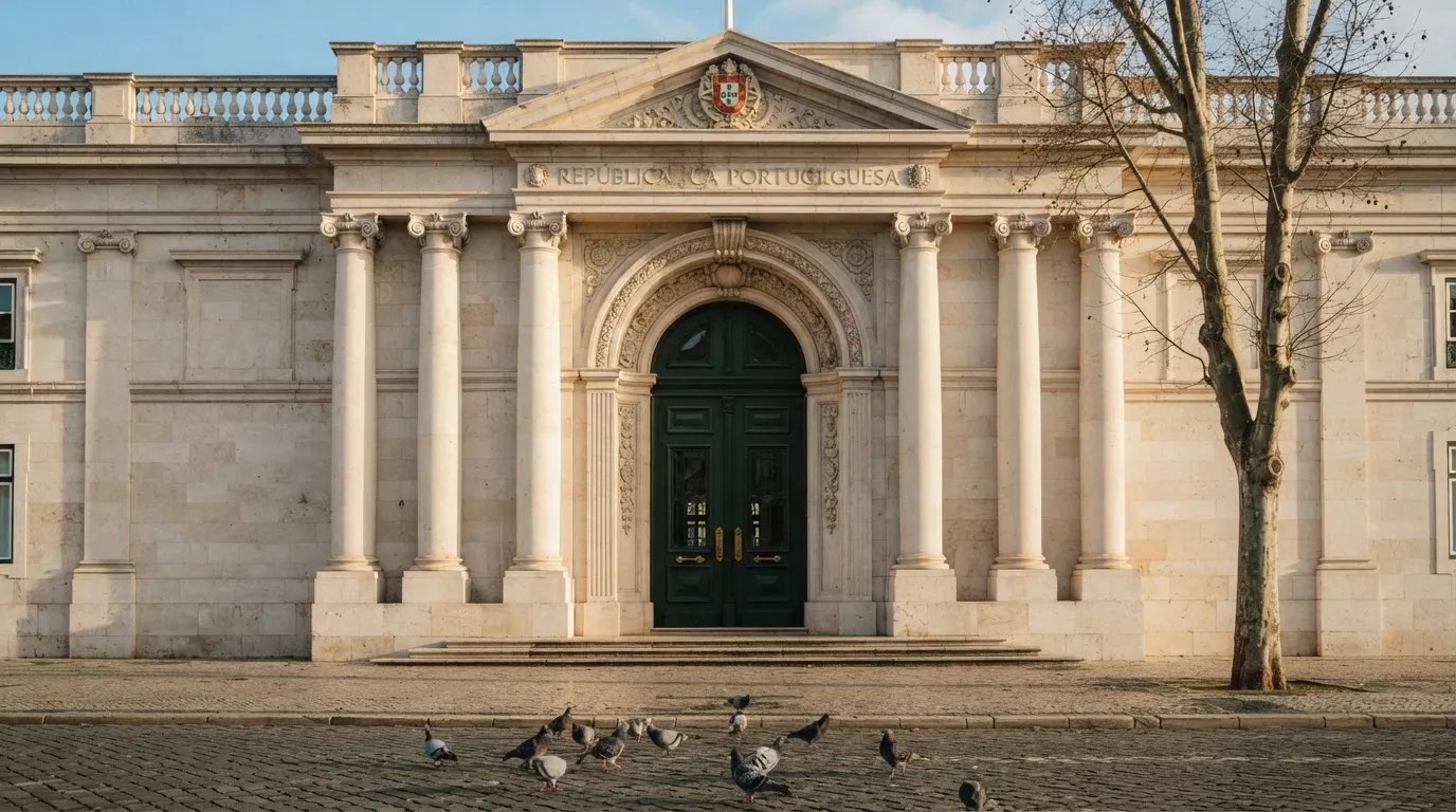 Pórtico de pedra de um edifício oficial em Lisboa, com portas fechadas e pombas na calçada, numa manhã de sol limpa.
