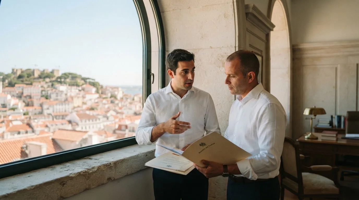 Duas pessoas de camisa a conversar junto a uma janela grande de um escritório público, com a cidade de Lisboa desfocada atrás.