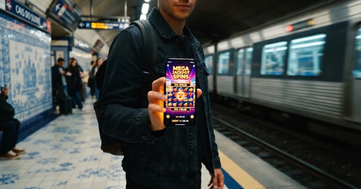 Pessoa de pé numa estação de metro a usar um telemóvel com a mão direita, com carruagem desfocada e luz fria ao fundo.
