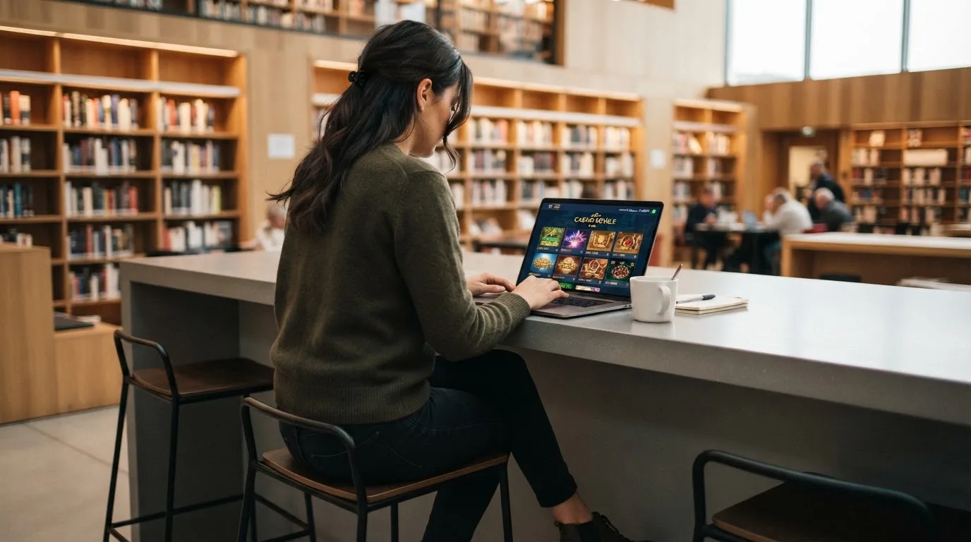 Mulher a trabalhar num portátil num balcão de biblioteca moderna, com estantes desfocadas atrás e uma chávena de café ao lado.