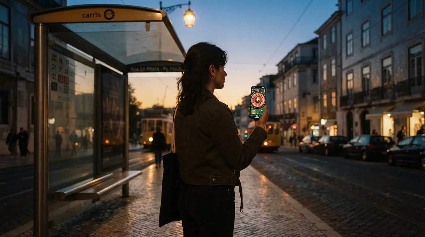 Pessoa a olhar com atenção para o telemóvel numa paragem de autocarro ao entardecer, com semblante concentrado e luzes da rua a acender.