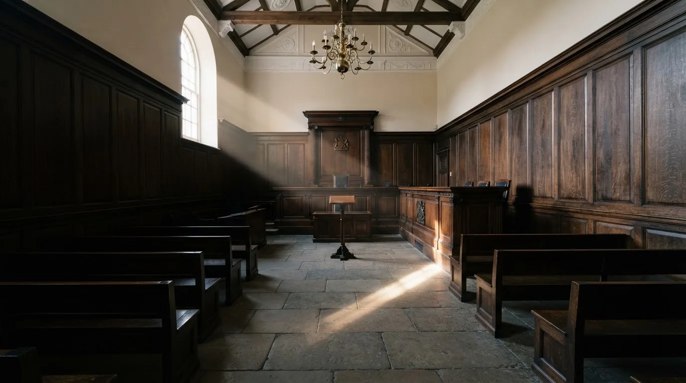Sala de tribunal vazia com painéis de madeira, à luz da manhã — blackjack ao vivo em portugal