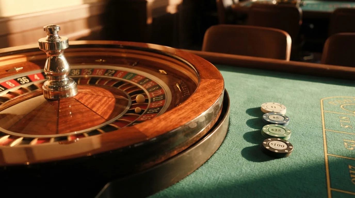 Roda de roleta e fichas sobre feltro verde, sob uma luz quente de fim de tarde — blackjack ao vivo em portugal