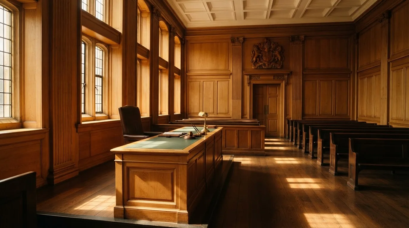 Sala de tribunal vazia com painéis de madeira, à luz da manhã — blackjack casinos em portugal