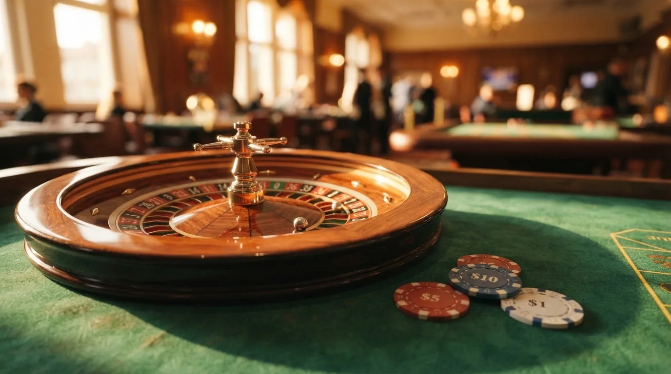 Roda de roleta e fichas sobre feltro verde, sob uma luz quente de fim de tarde — blackjack casinos em portugal