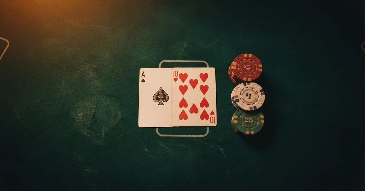 Mesa de jogo iluminada com cartas, vista de cima — blackjack casinos em portugal