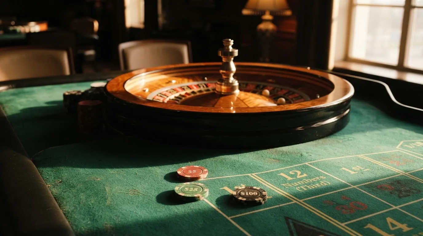 Roda de roleta e fichas sobre feltro verde, sob uma luz quente de fim de tarde — blackjack online casino em portugal