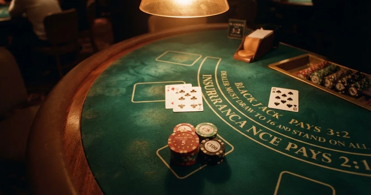 Mesa de jogo iluminada com cartas, vista de cima — blackjack regras para portugueses