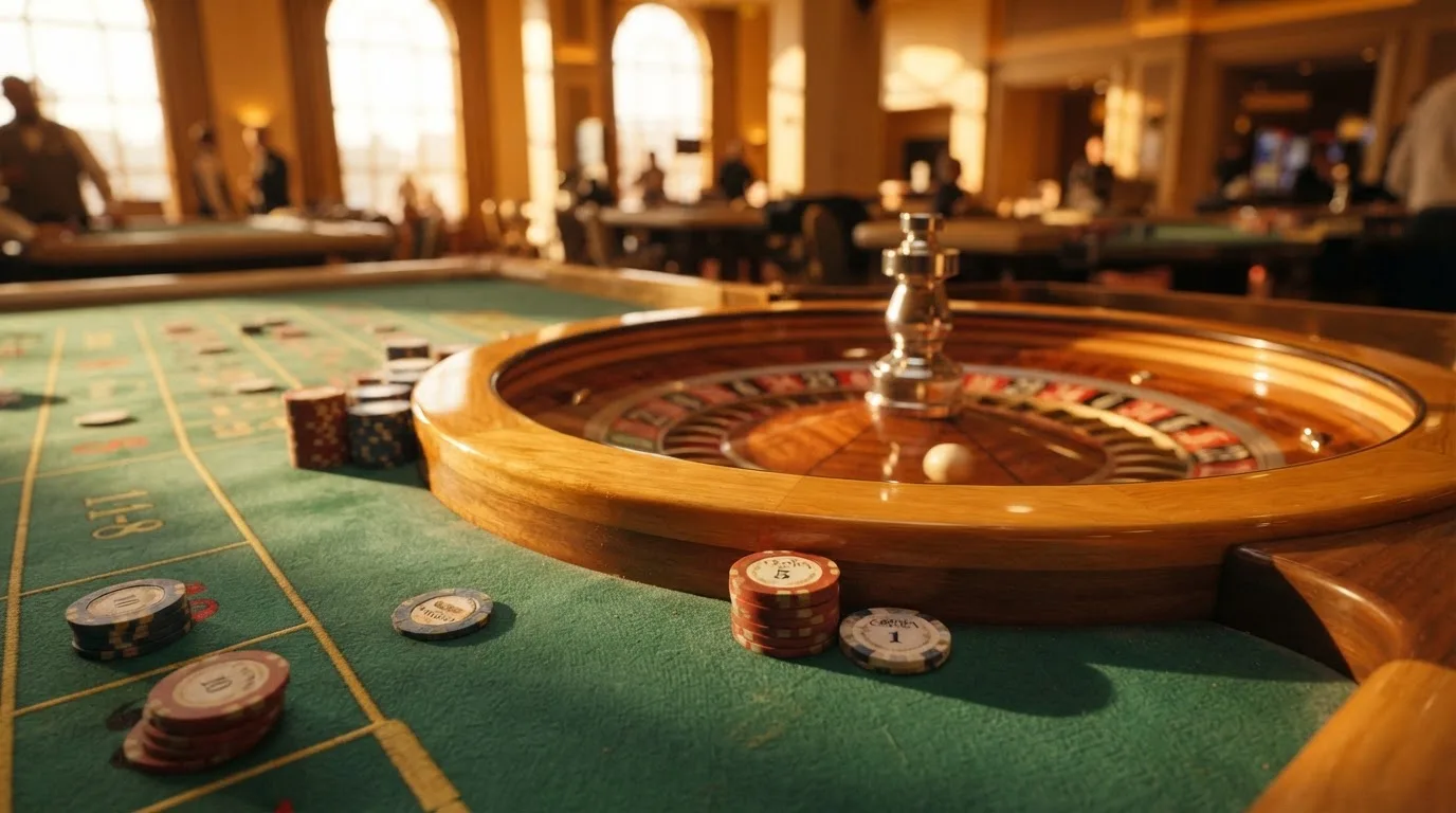Roda de roleta e fichas sobre feltro verde, sob uma luz quente de fim de tarde — caça-níqueis em casinos portugueses