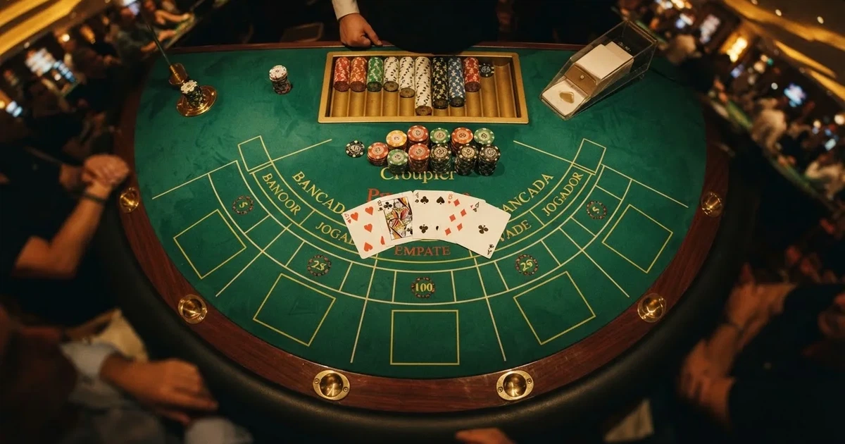Mesa de jogo iluminada com cartas, vista de cima — caça-níqueis em casinos portugueses