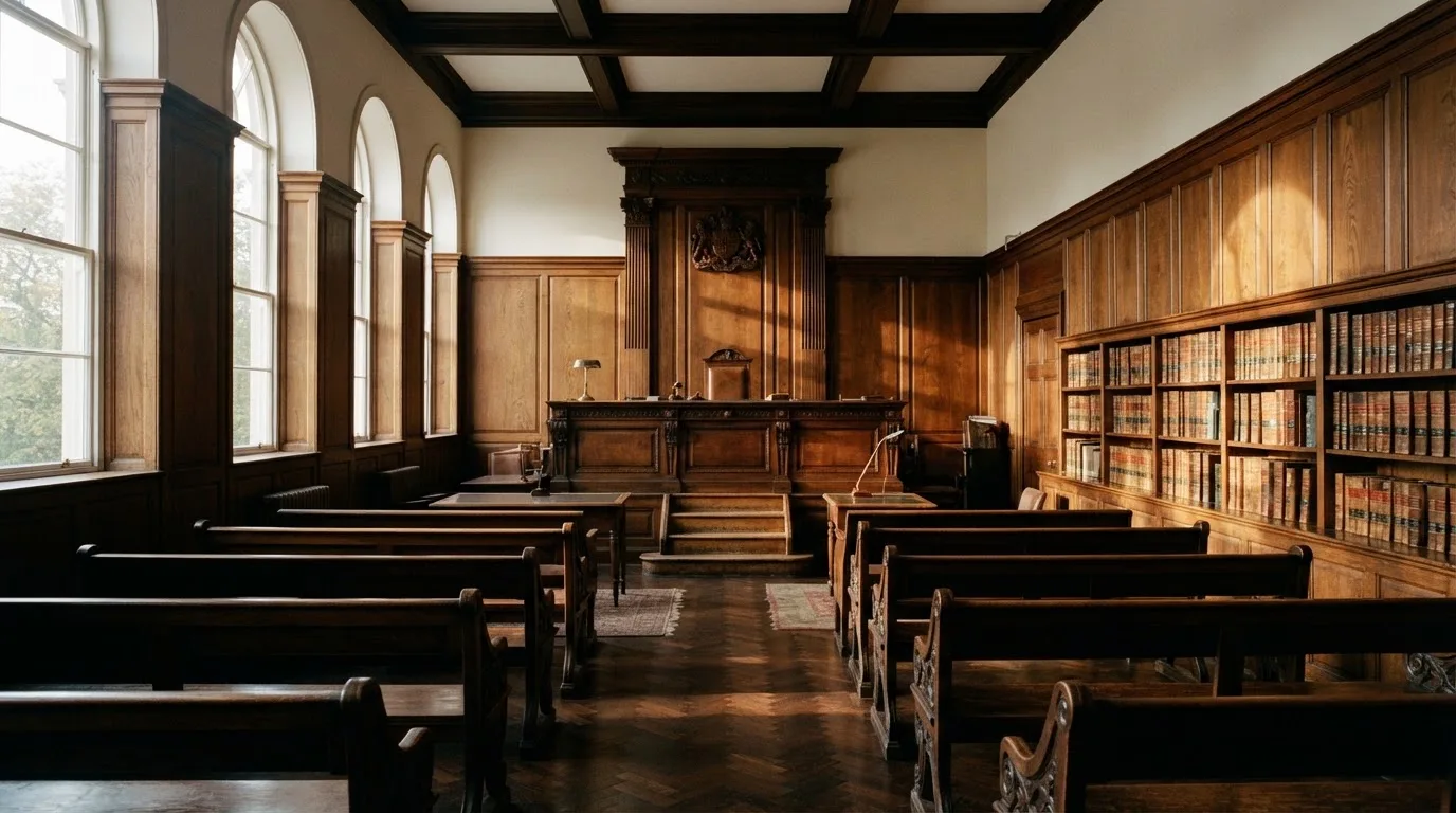 Sala de tribunal vazia com painéis de madeira, à luz da manhã — caça-níqueis grátis em portugal