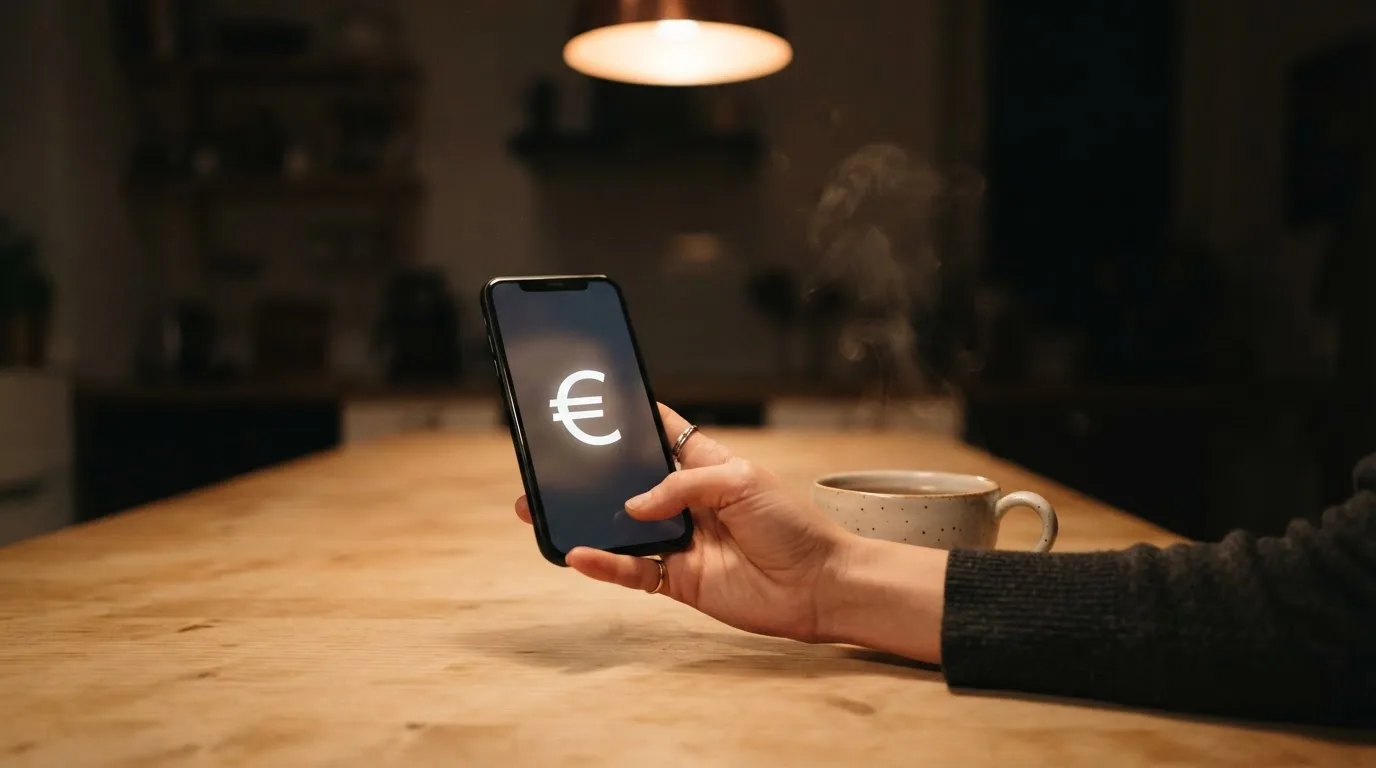 Mão a segurar um telemóvel ao lado de uma chávena de chá numa mesa de cozinha, numa noite tranquila — casino apostas em portugal
