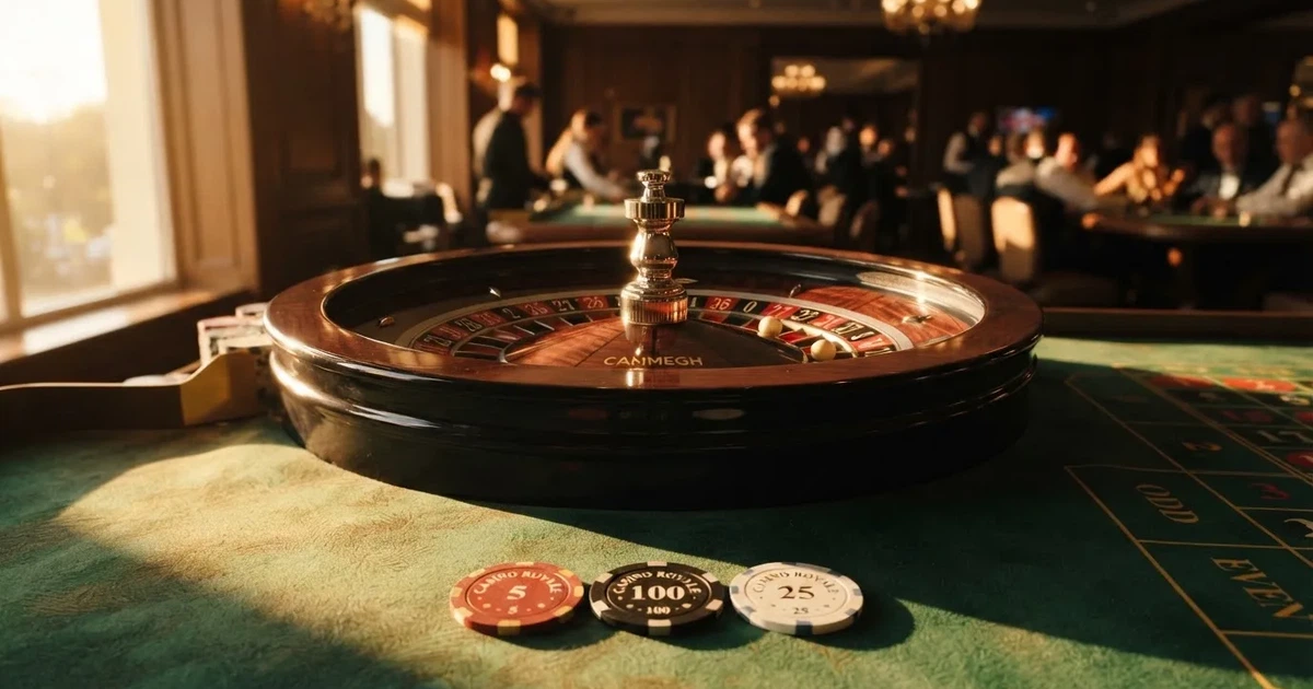 Roda de roleta e fichas sobre feltro verde, sob uma luz quente de fim de tarde — casino apostas em portugal