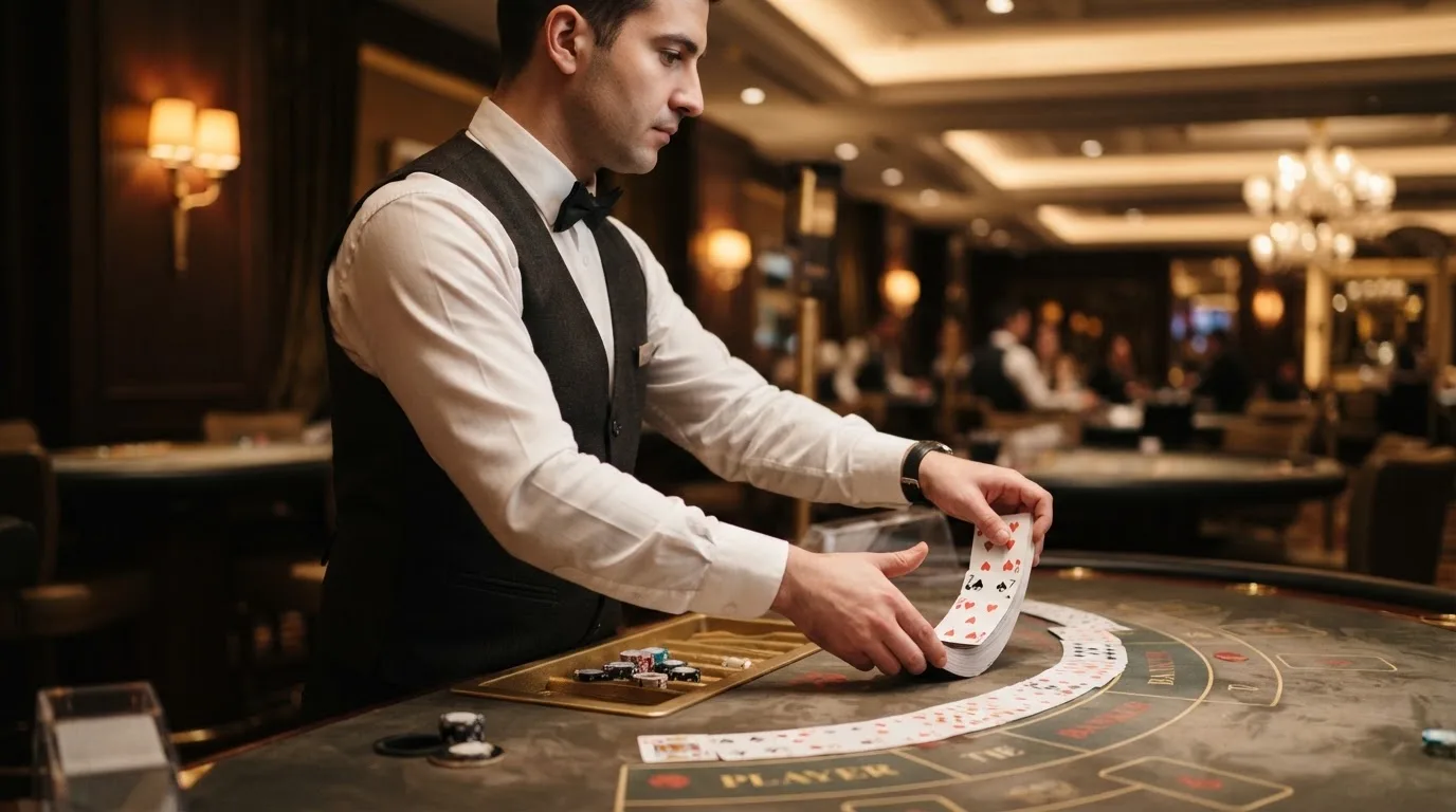 Croupier de gravata a baralhar cartas com destreza, vista lateral, fundo desfocado de um salão de casino em Portugal.