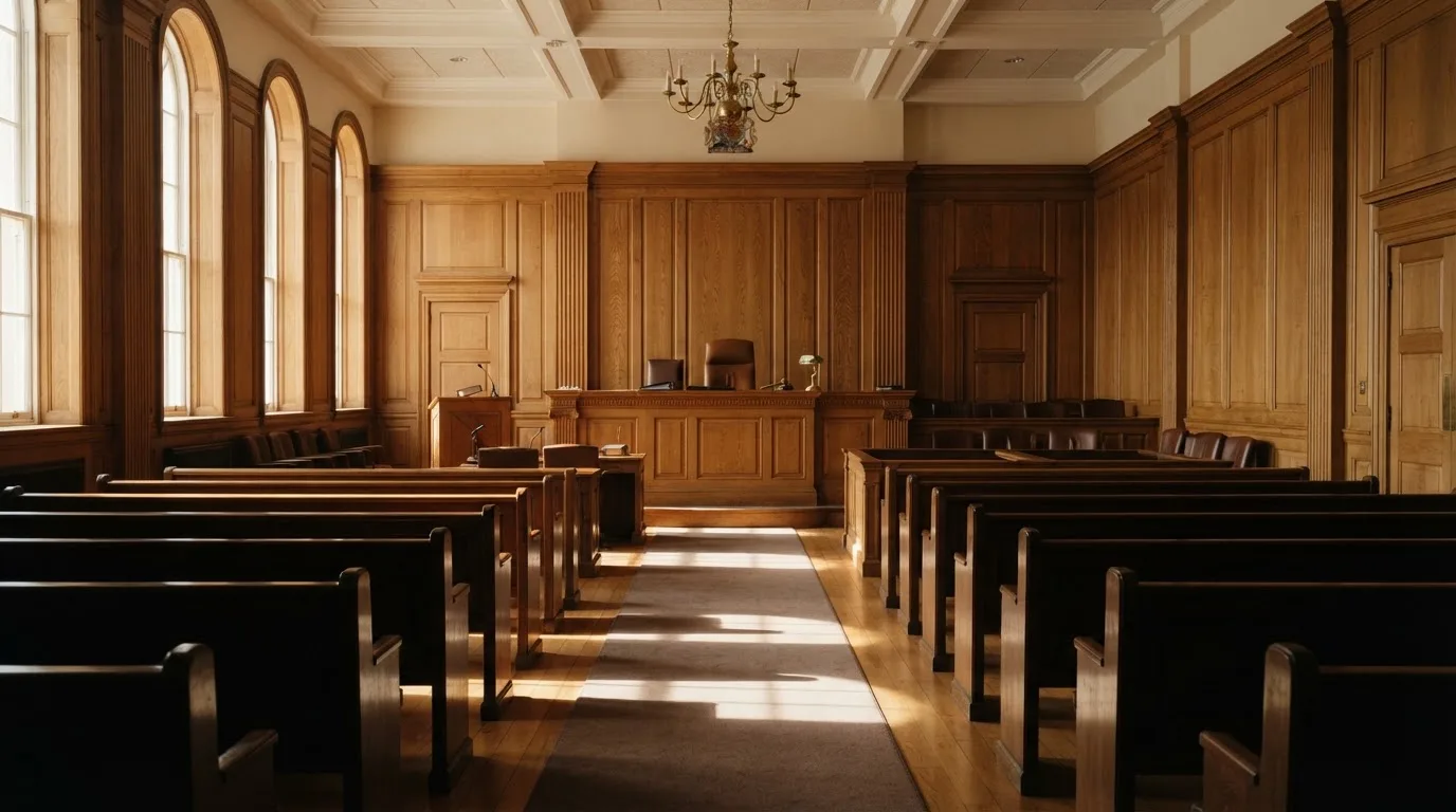 Sala de tribunal vazia com painéis de madeira, à luz da manhã — casino com bingo em portugal