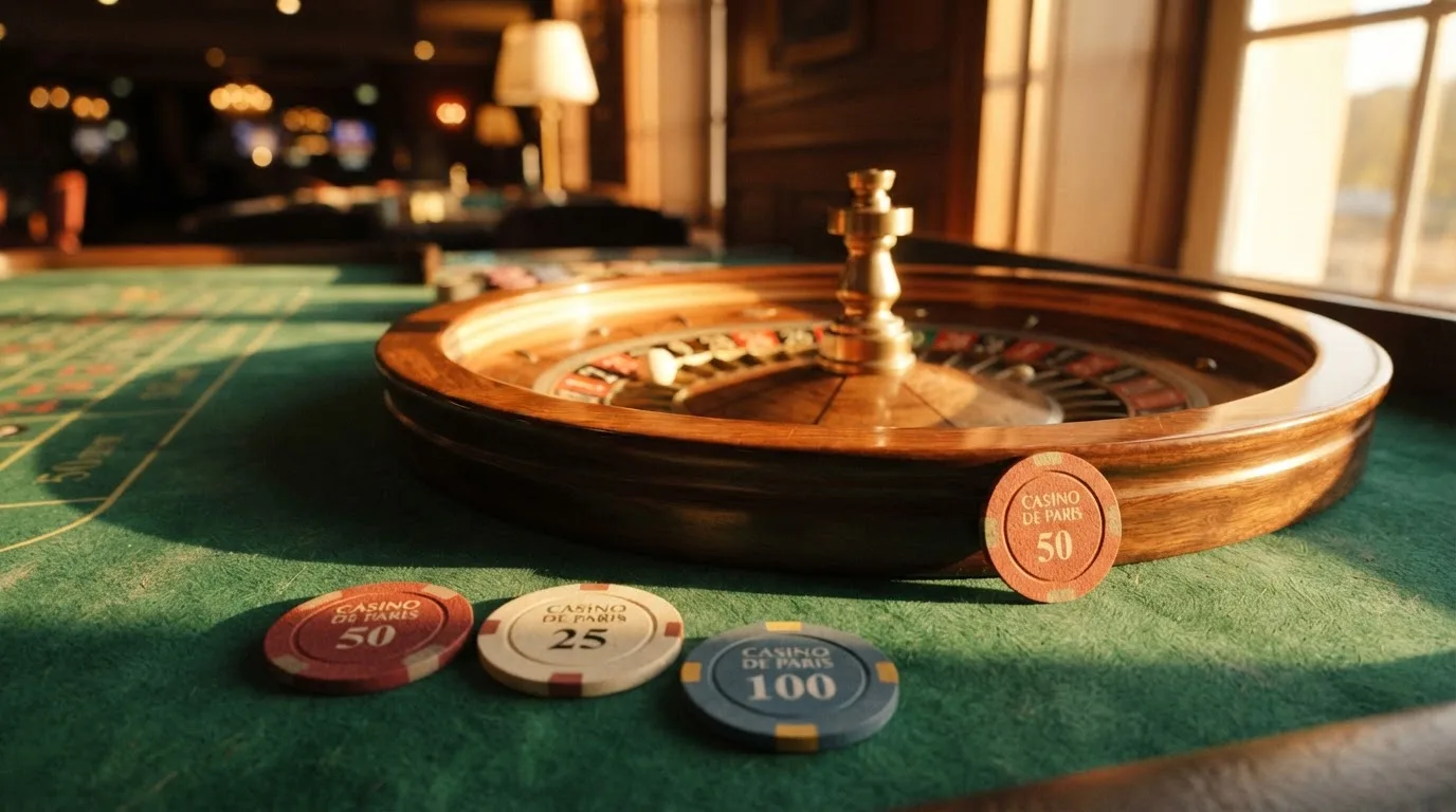Roda de roleta e fichas sobre feltro verde, sob uma luz quente de fim de tarde — casino com bingo em portugal