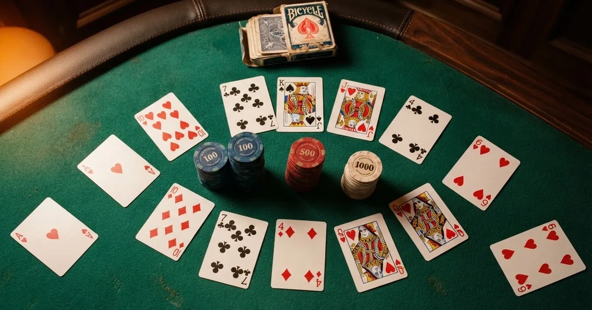 Mesa de jogo iluminada com cartas, vista de cima — casino com bingo em portugal