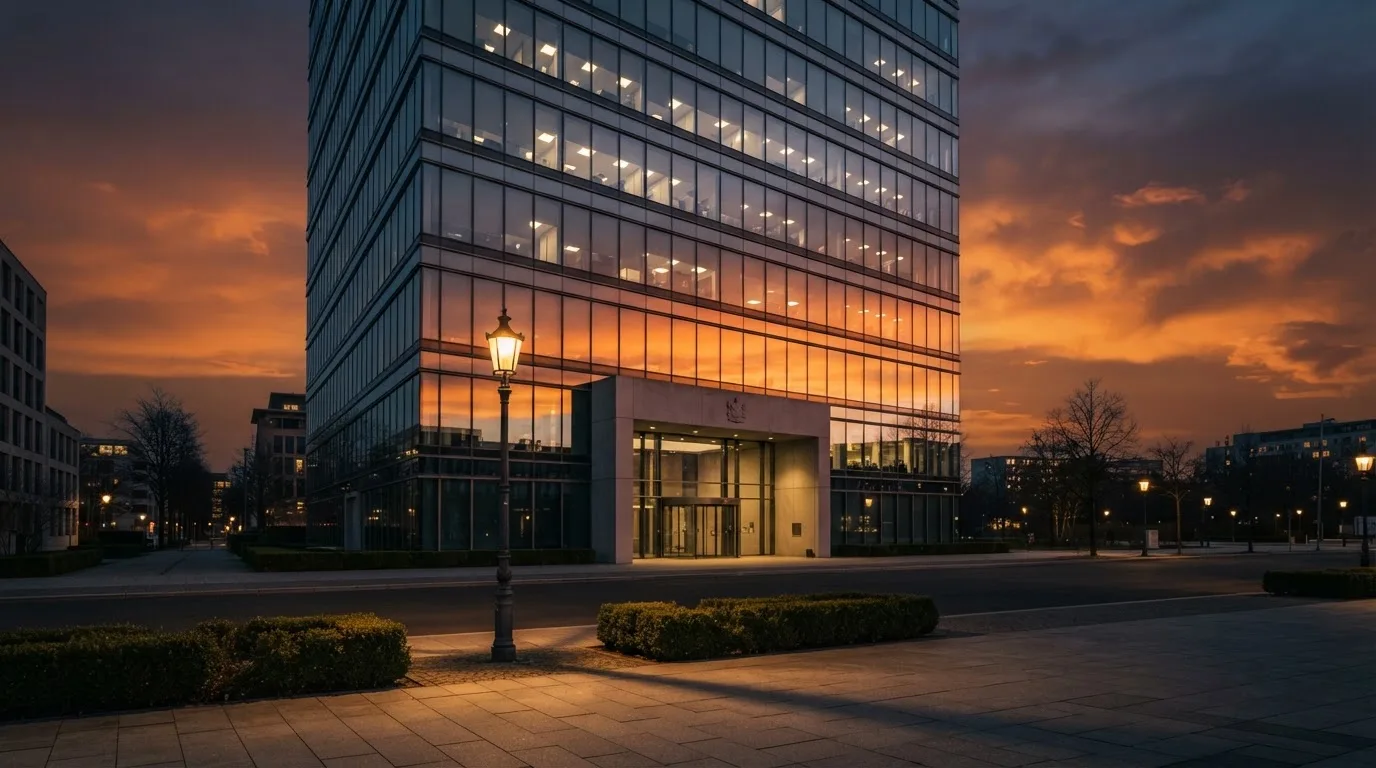 Edifício de escritórios com fachada de vidro ao entardecer, reflexo do céu cor-de-laranja e uma rua tranquila em primeiro plano.