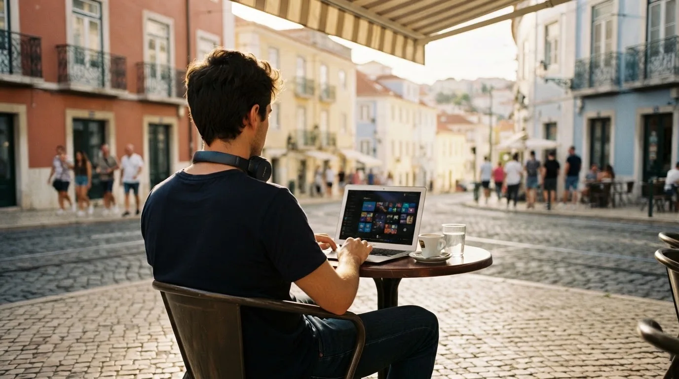Jovem a trabalhar num café com portátil e auscultadores ao pescoço, esplanada de Lisboa ao fundo, luz suave.