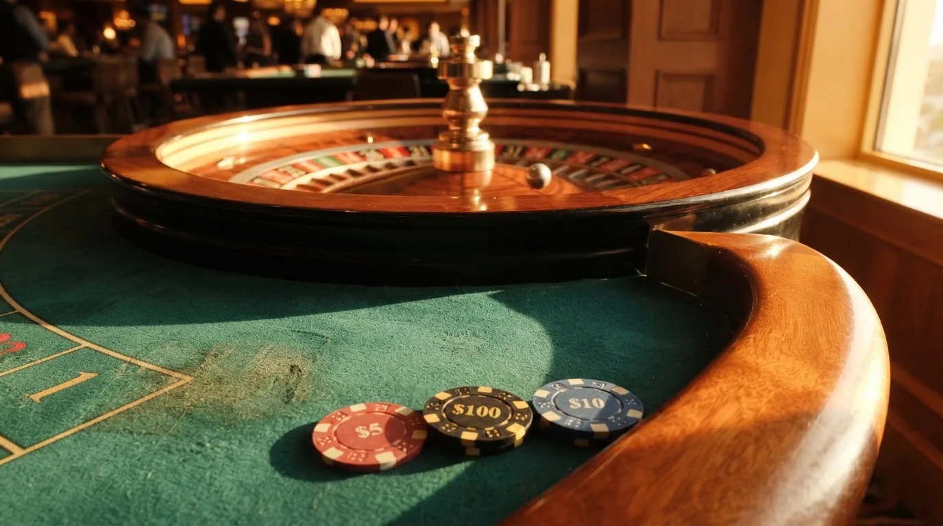 Roda de roleta e fichas sobre feltro verde, sob uma luz quente de fim de tarde — casino com bônus no cadastro pt