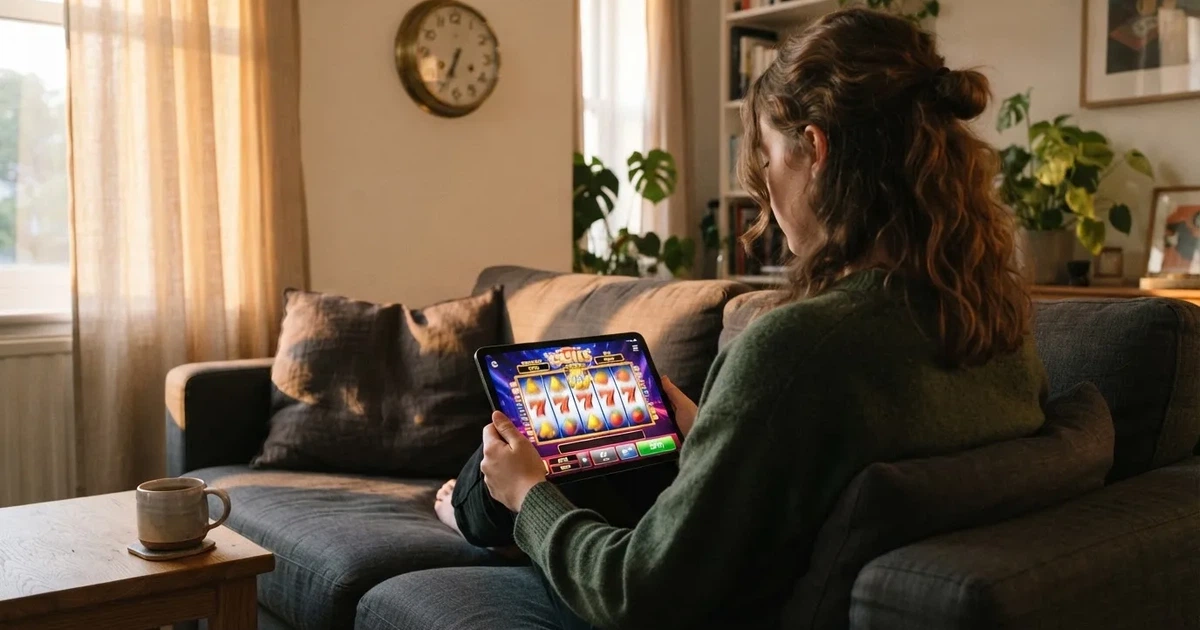 Pessoa num sofá a olhar pensativa para um tablet, com um relógio na parede atrás — casino com bônus no cadastro pt