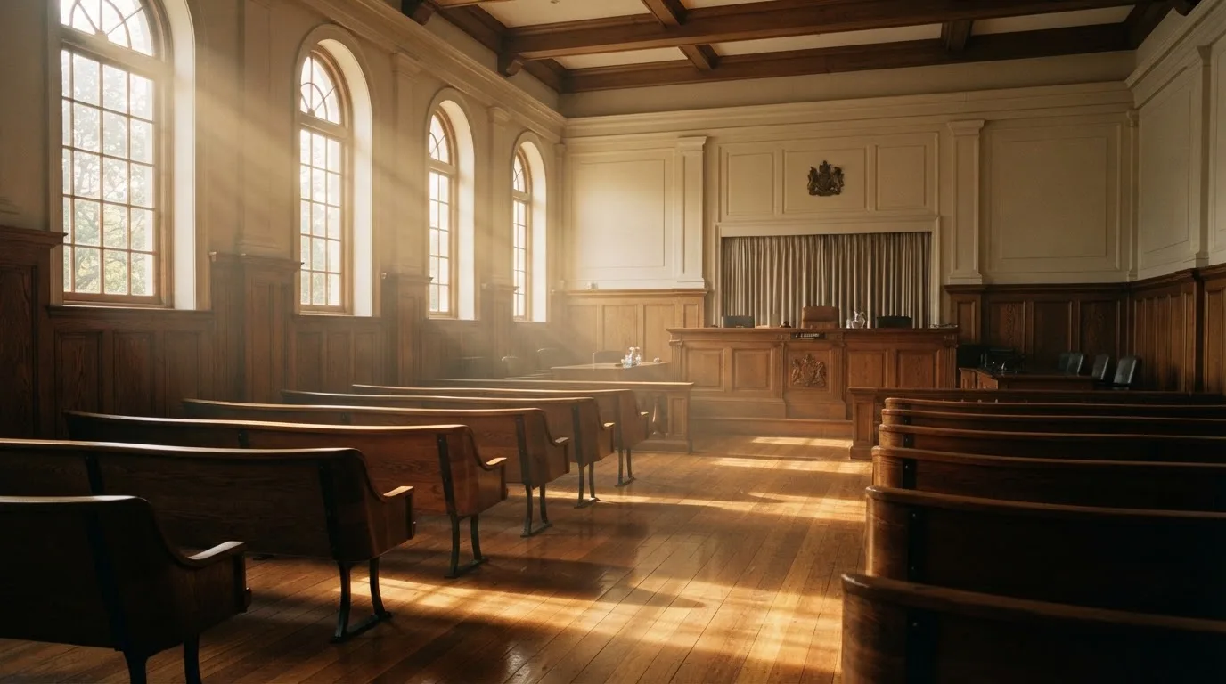 Sala de tribunal vazia com painéis de madeira, à luz da manhã — casino com dinheiro em portugal