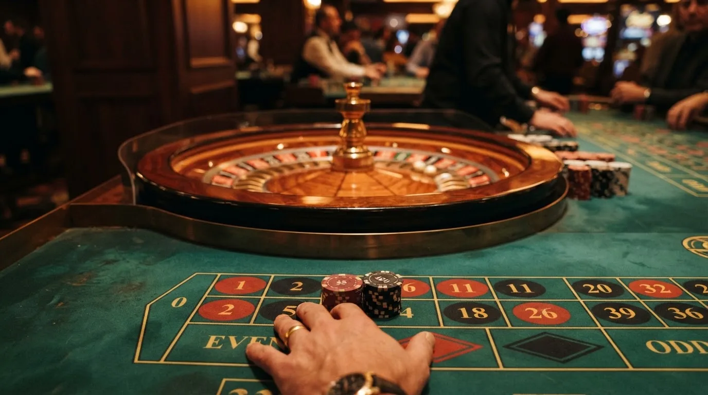 Roda de roleta e fichas sobre feltro verde, sob uma luz quente de fim de tarde — casino com dinheiro em portugal