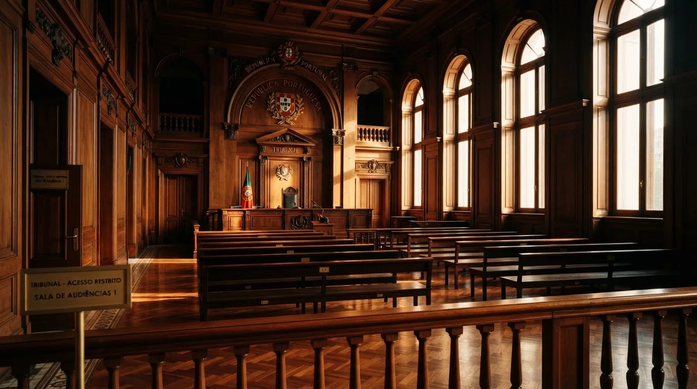Sala de tribunal vazia com painéis de madeira, à luz da manhã — casino com ethereum em portugal