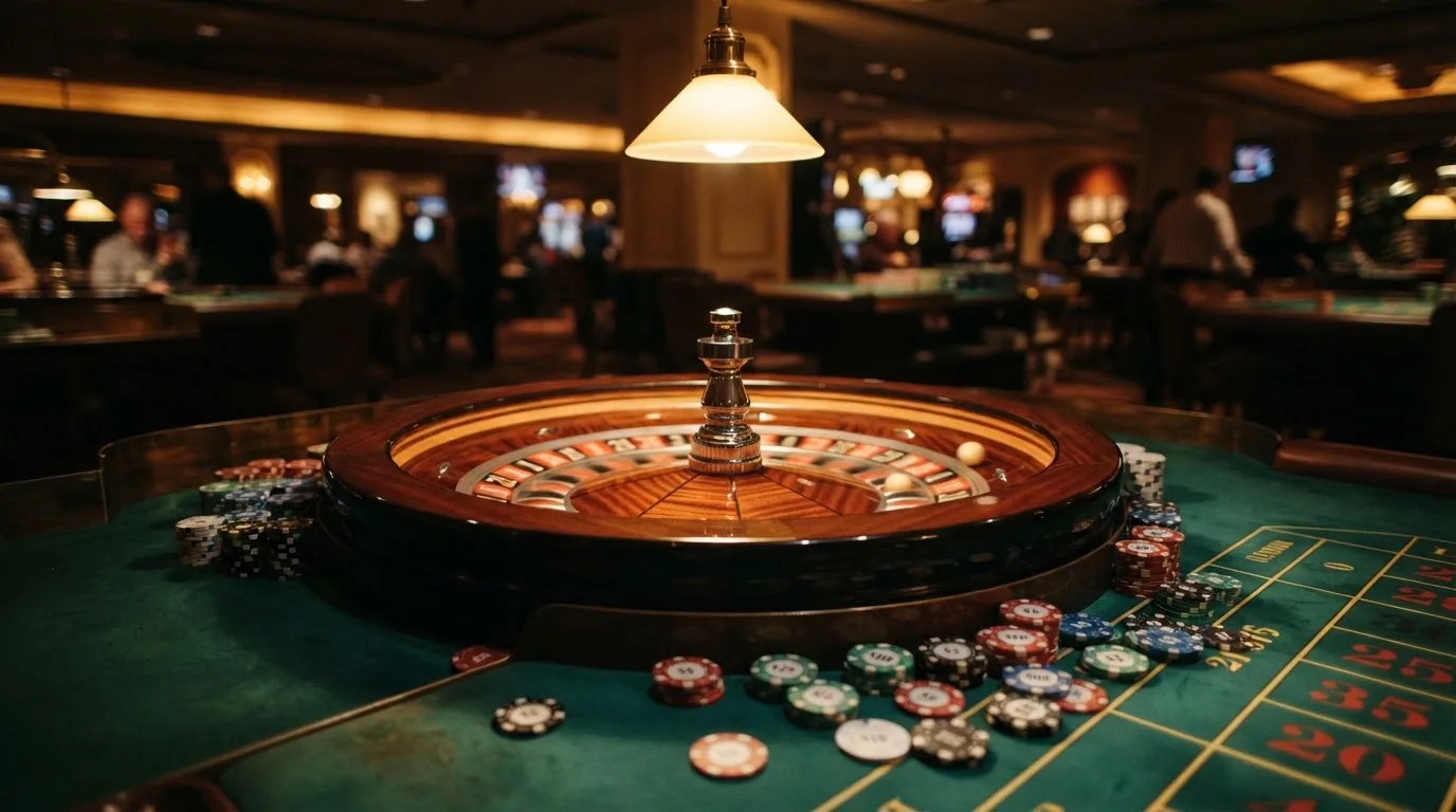 Roda de roleta e fichas sobre feltro verde, sob uma luz quente de fim de tarde — casino com ethereum em portugal