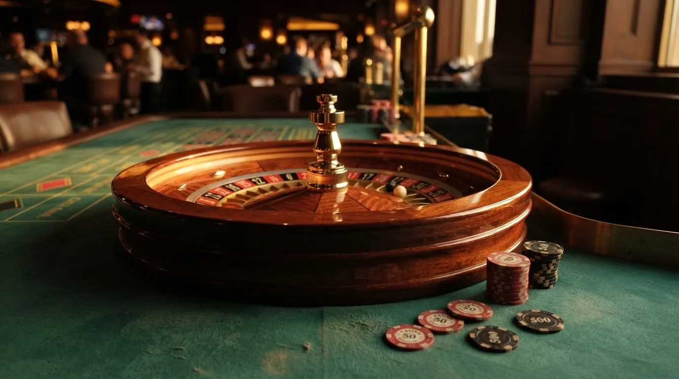 Roda de roleta e fichas sobre feltro verde, sob uma luz quente de fim de tarde — casino com free spins em portugal