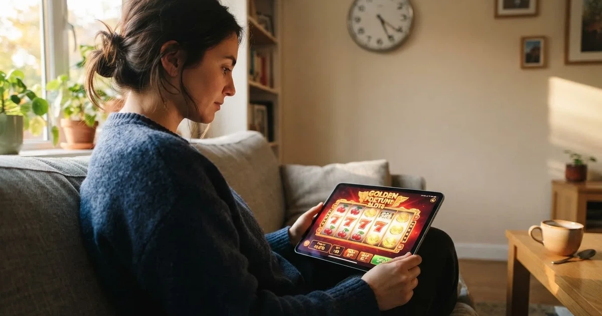 Pessoa num sofá a olhar pensativa para um tablet, com um relógio na parede atrás — casino com free spins em portugal