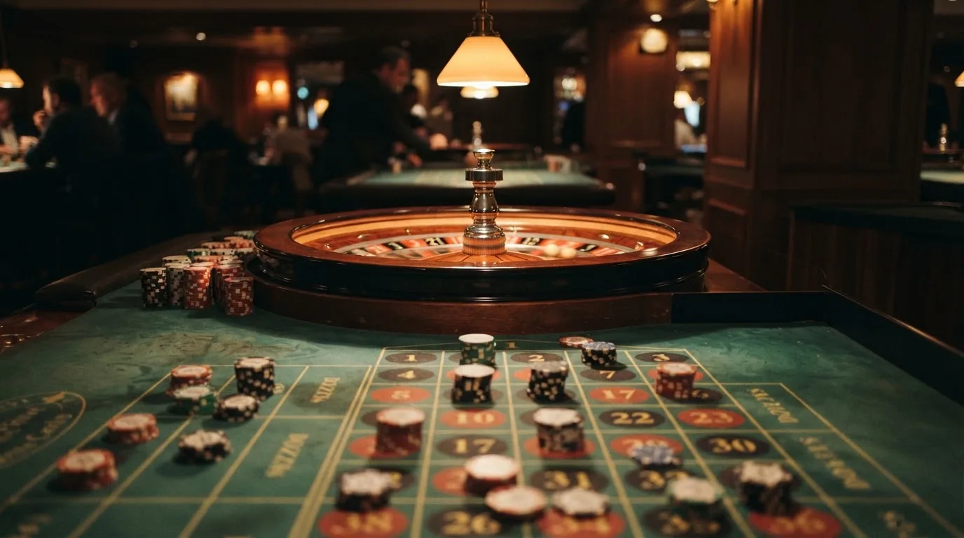 Roda de roleta e fichas sobre feltro verde, sob uma luz quente de fim de tarde — casino com grátis spins pt