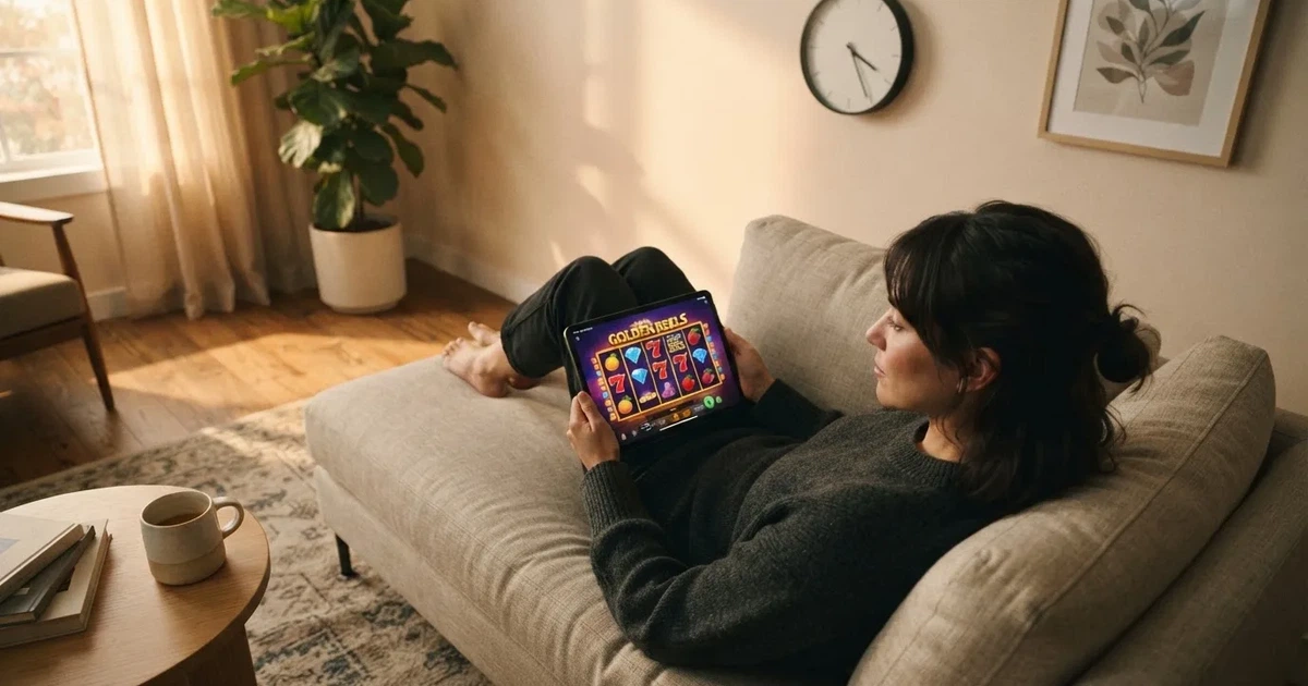 Pessoa num sofá a olhar pensativa para um tablet, com um relógio na parede atrás — casino com grátis spins pt