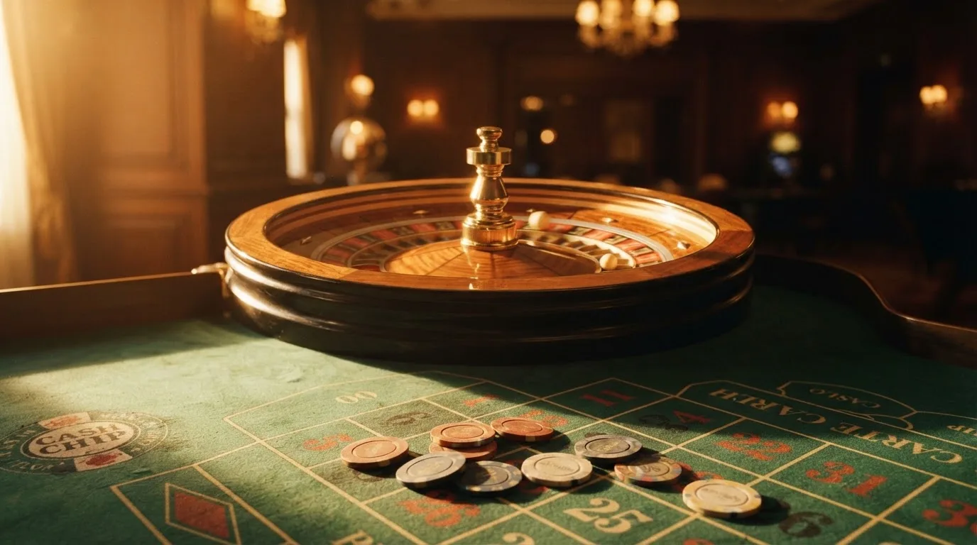 Roda de roleta e fichas sobre feltro verde, sob uma luz quente de fim de tarde — casino com levantamento pt