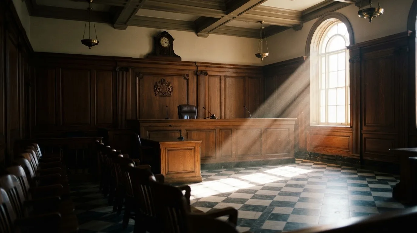 Sala de tribunal vazia com painéis de madeira, à luz da manhã — casino com litecoin em portugal