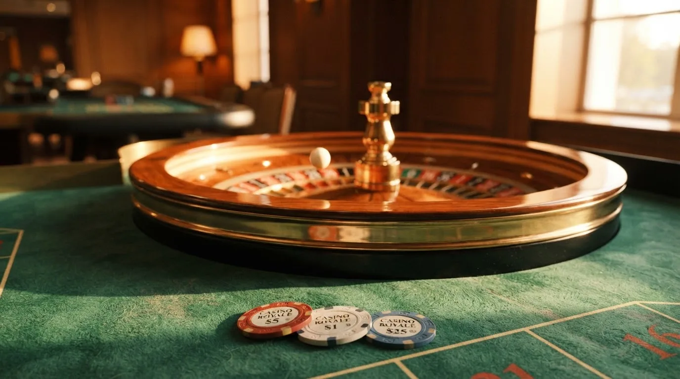 Roda de roleta e fichas sobre feltro verde, sob uma luz quente de fim de tarde — casino com solana em portugal