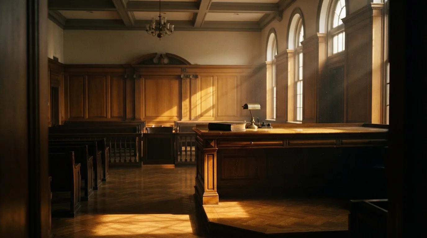 Sala de tribunal vazia com painéis de madeira, à luz da manhã — casino com tether em portugal