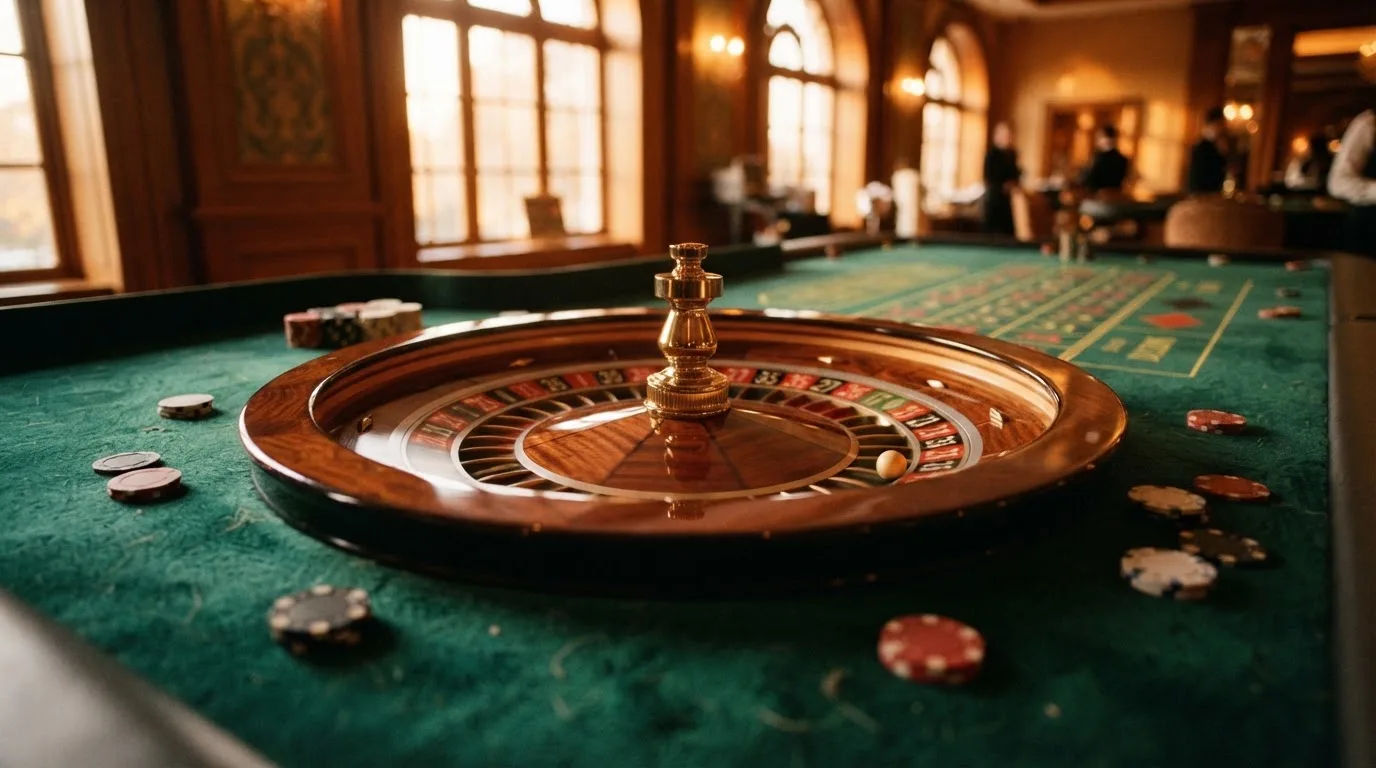 Roda de roleta e fichas sobre feltro verde, sob uma luz quente de fim de tarde — casino com tether em portugal