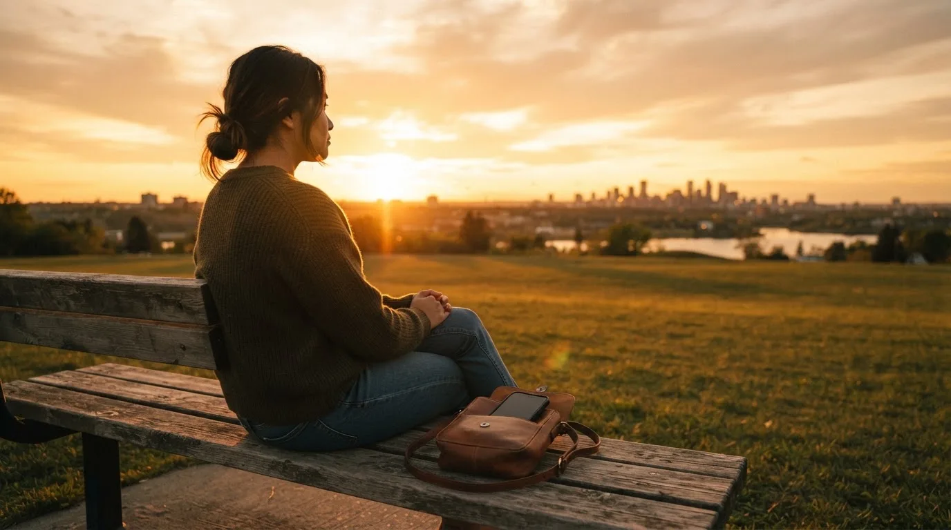 Pessoa sentada num banco de jardim ao pôr do sol, a olhar para o horizonte, com o telemóvel guardado numa mala.