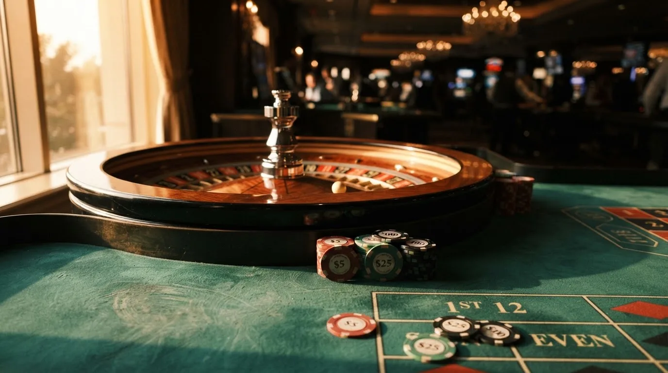 Roda de roleta e fichas sobre feltro verde, sob uma luz quente de fim de tarde — casino é confiável em portugal