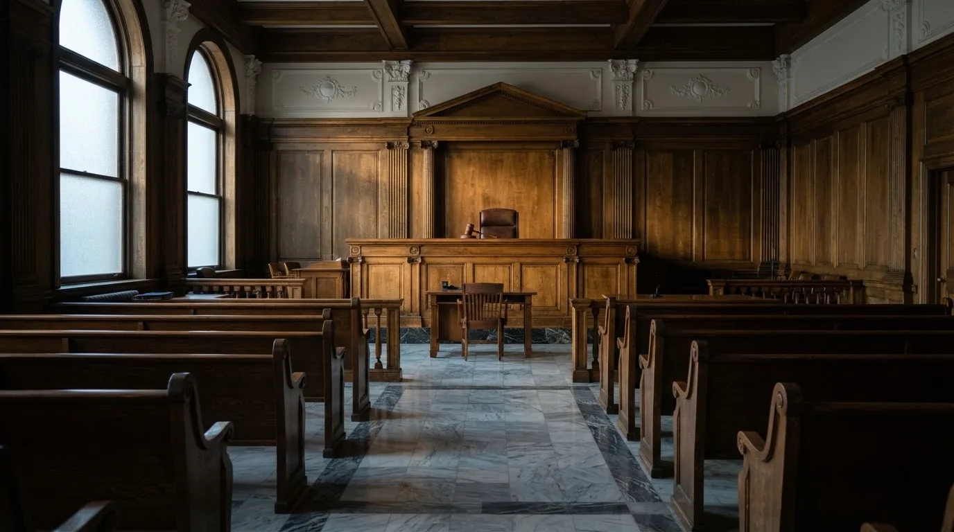 Sala de tribunal vazia com painéis de madeira, à luz da manhã — casino pagamentos em portugal