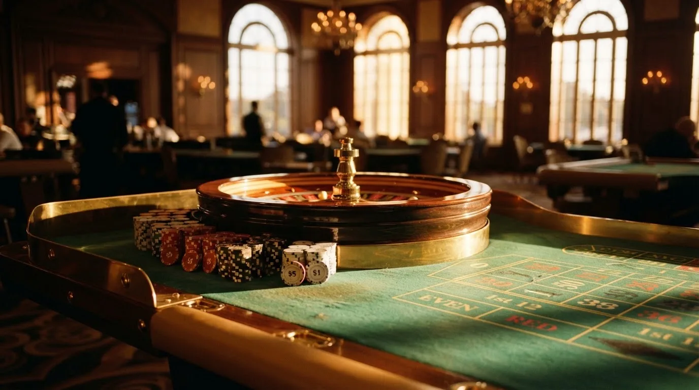 Roda de roleta e fichas sobre feltro verde, sob uma luz quente de fim de tarde — casino pagamentos em portugal