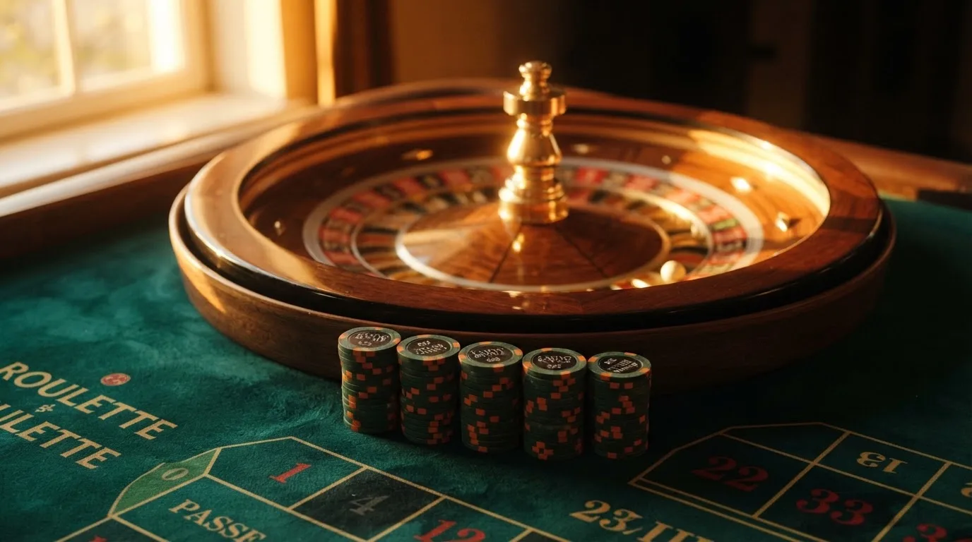 Roda de roleta e fichas sobre feltro verde, sob uma luz quente de fim de tarde — casino slots portugues